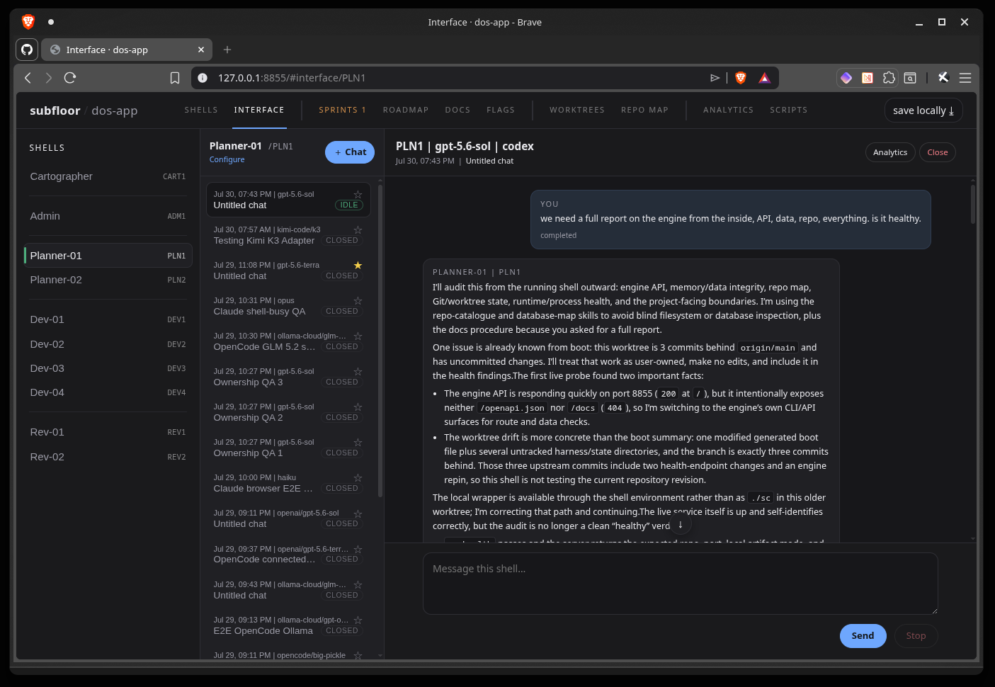 the subfloor browser interface — the team, steered from a control panel